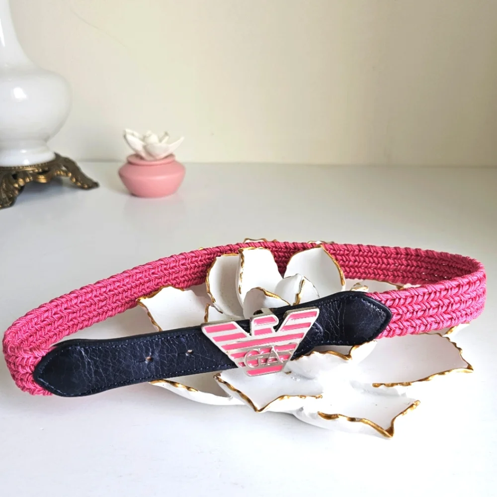 Rare Giorgio Armani Kid's Elastic Waist Pink Braided Logo Eagle Buckle Belt